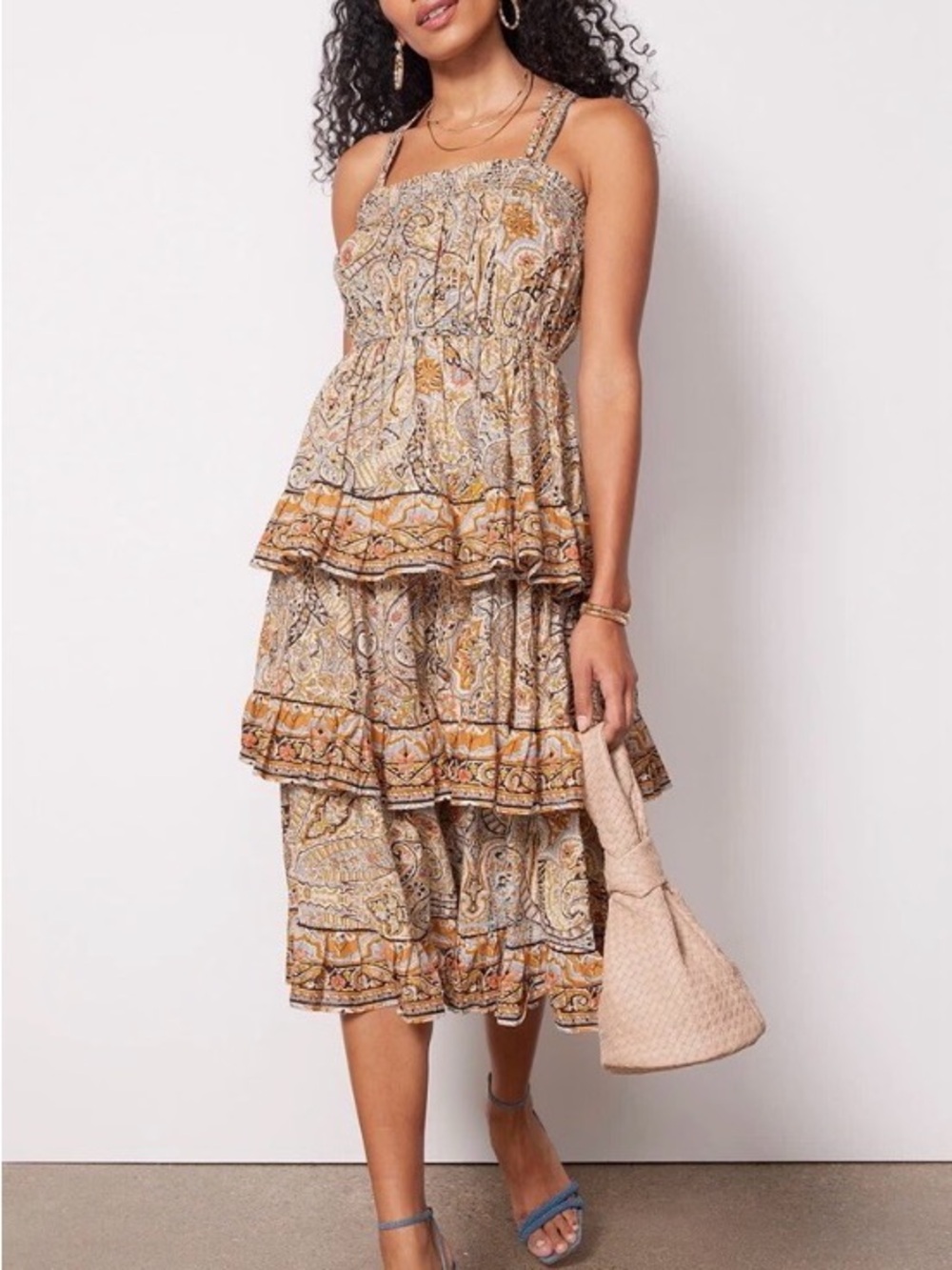 Cleobella / Evereve Paisley Tiered Midi Dress in Beige and Mustard